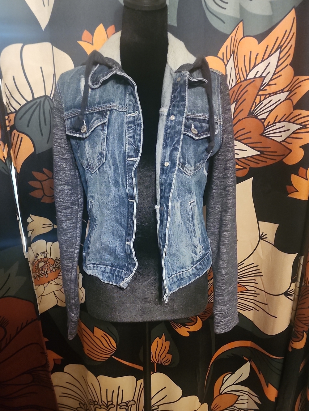 Amethyst Jeans Two-Tone Hooded Denim Jacket in Blue and Gray